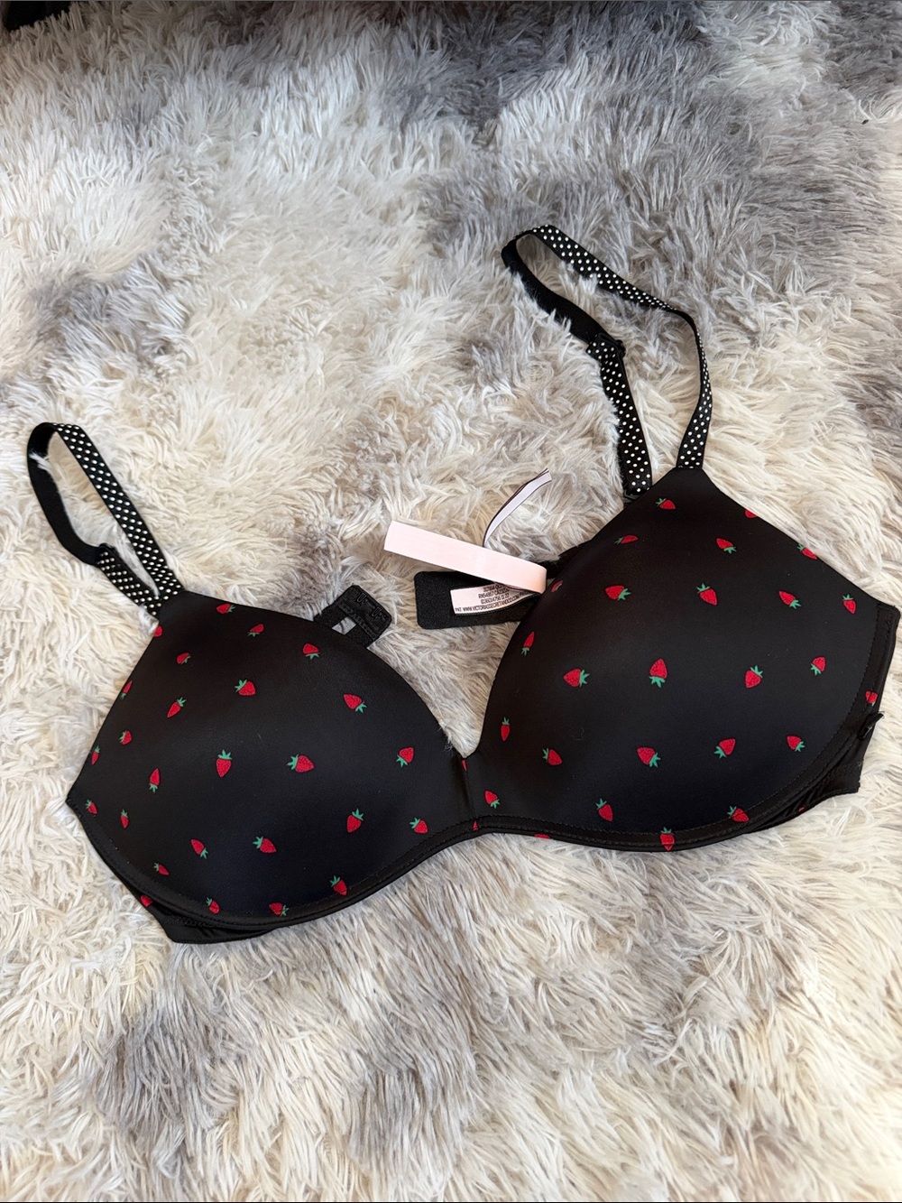 Victoria's Secret Black padded no wire Bra with Red Strawberry Print size 38B